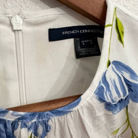 New French Connection White & Blue Floral Hi Low Ruffle Dress Women's size 0 - Picture 2 of 3